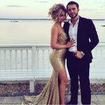 Siaoryne Ruched Strapless Gold Sequins Mermaid Evening Dresses Split Prom Gowns