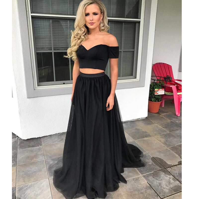 Black Crop Top Prom Dress Two Pieces Formal Evening Party Gown A Line Graduation Dress