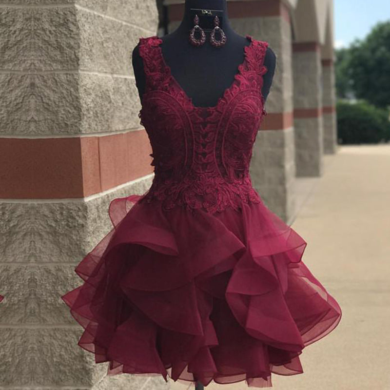 Sweet Lace Poofy Short Junior Prom Dress Burgundy Homecoming Graduation Gown