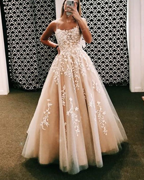PL0525 Amazing Ivory / Nude  Criss-cross Back Spaghetti Lace Ball Gown Wedding Dress,Sweet 16  Tulle Lace Gown ,Girls Party Prom Dresses Longo Vestido