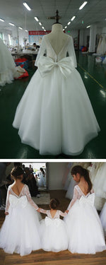Cute Vintage Long Sleeves Ball Gown Flower Girl Dress Little Girls Wedding Dress for Child with Bow FG0810
