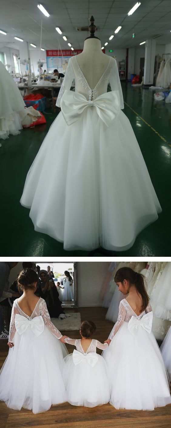 Cute Vintage Long Sleeves Ball Gown Flower Girl Dress Little Girls Wedding Dress for Child with Bow FG0810