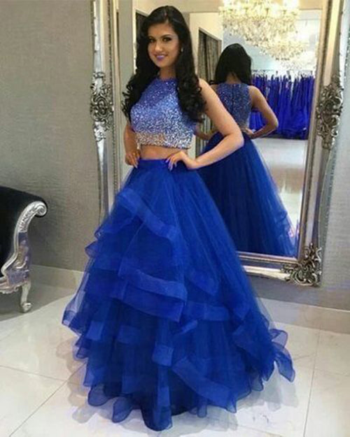 Beautiful Mint /Royal Blue Crop Top Prom Dress Girls 2 Pieces Ombre Beading Formal Gown PL0914
