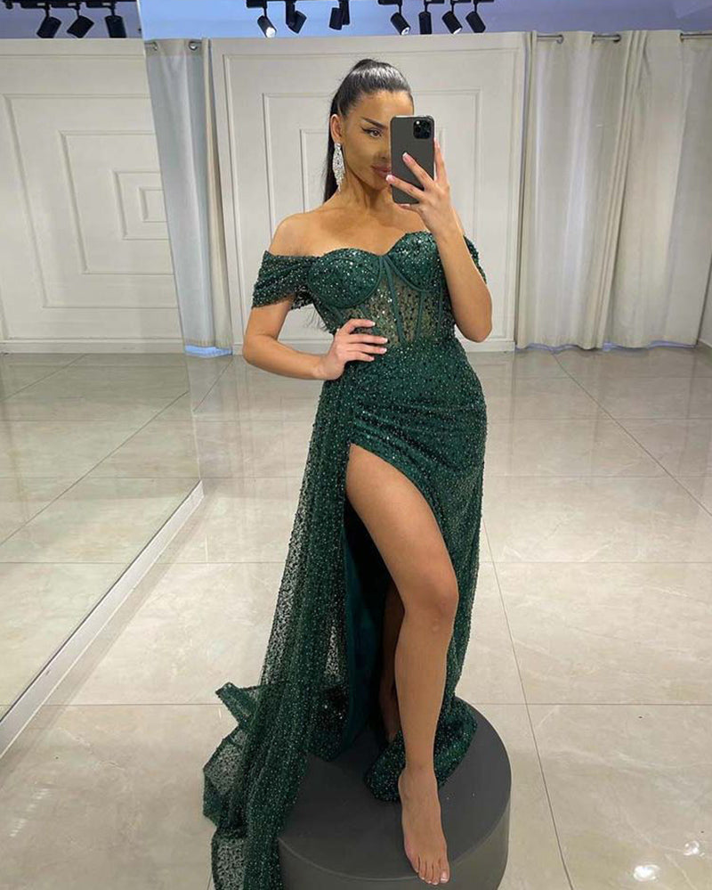 Sexy Women Off the Shoulder High Slit Sequin Mermaid Dress for Party P ...