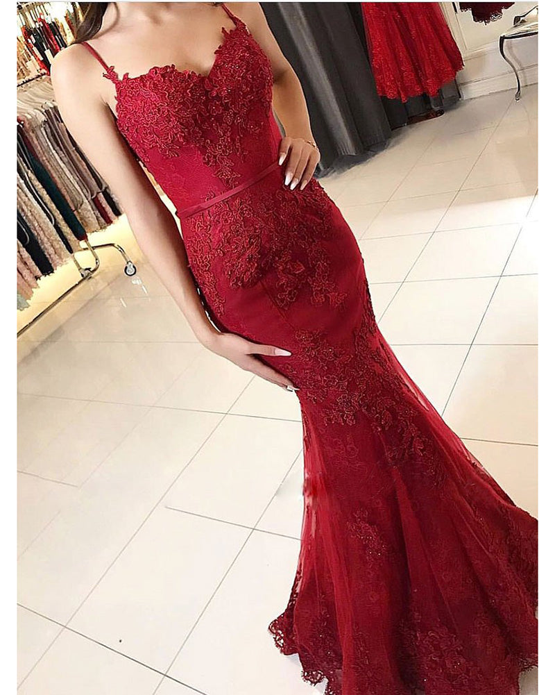 Fashion Spaghetti Straps Mermaid Lace burgundy Lace Prom Dresses Long 2022 LP368