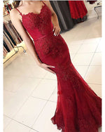 Fashion Spaghetti Straps Mermaid Lace burgundy Lace Prom Dresses Long 2022 LP368