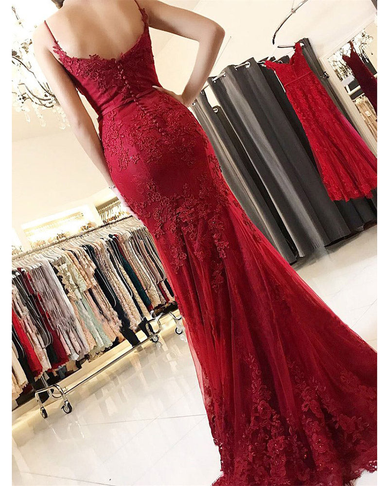 Fashion Spaghetti Straps Mermaid Lace burgundy Lace Prom Dresses Long 2022 LP368