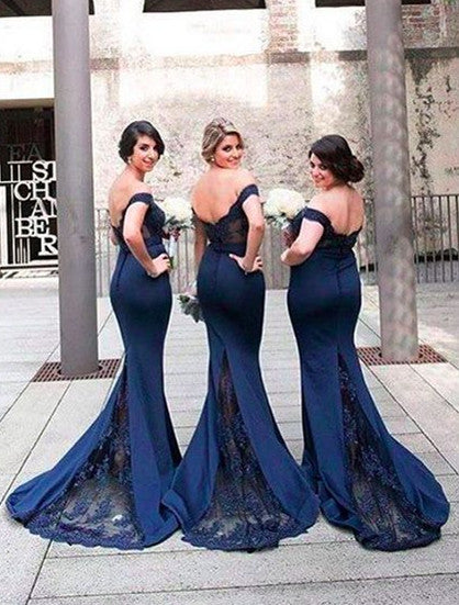 Elegant Lace Appliques Mermaid Off the Shoulder Bridesmaid Dress Navy Women Formal Gown