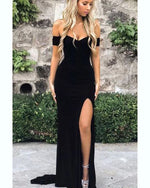 Elegant Long Fitted Off the Shoulder Spandex Black Evening Party Dresses with Split PL10220