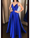 Satin A Line V Neck Royal Blue Evening Formal Party Dress ,Girls Prom Long Gown PL10127
