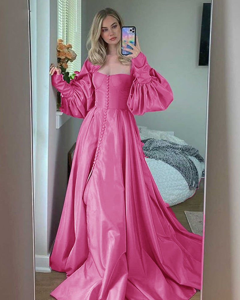 Princess A Line Satin Baby Blue /Pink Bishop Sleeves Prom Party Dresses with Slit Formal Gowns  Buttons