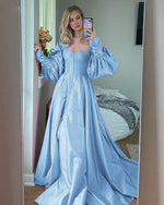 Princess A Line Satin Baby Blue /Pink Bishop Sleeves Prom Party Dresses with Slit Formal Gowns  Buttons