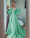 Princess A Line Satin Baby Blue /Pink Bishop Sleeves Prom Party Dresses with Slit Formal Gowns  Buttons