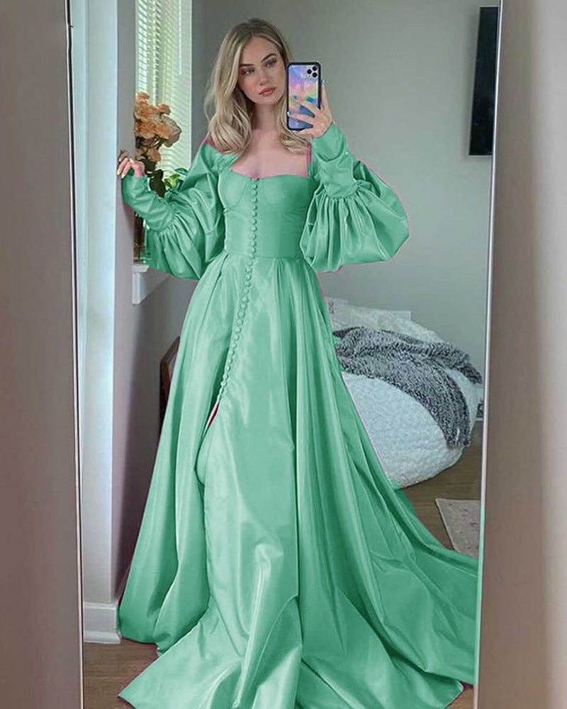 Princess A Line Satin Baby Blue /Pink Bishop Sleeves Prom Party Dresses with Slit Formal Gowns  Buttons