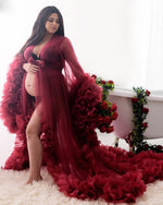 Maternity Photo Photoshoot Dress ,Custom Burgundy Robe Dresses ,Long Women V Neck Full Sleeves Ruched Organza Evening Dresses PL10109