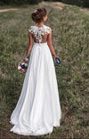 Siaoryne LO0926 Sexy Nude See Through Lace Cap Sleeves Split Long Ivory Chiffon Beach Wedding Dresses Bridal Gown