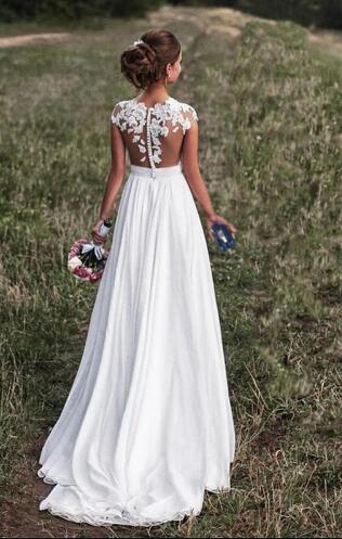 Siaoryne LO0926 Sexy Nude See Through Lace Cap Sleeves Split Long Ivory Chiffon Beach Wedding Dresses Bridal Gown