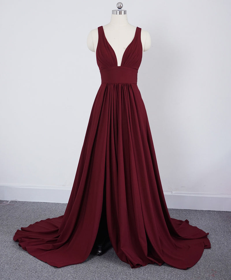 Pleated Long Burgundy Prom Dress with Slit