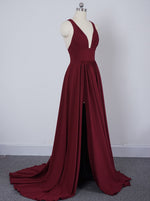 Evening Dresses Long with slit Sexy V Neck Women dress maroon Bridesmaid Gown LP0247