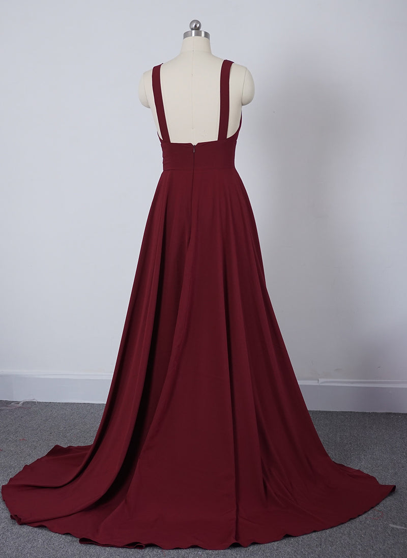 Pleated Long Burgundy Prom Dress with Slit