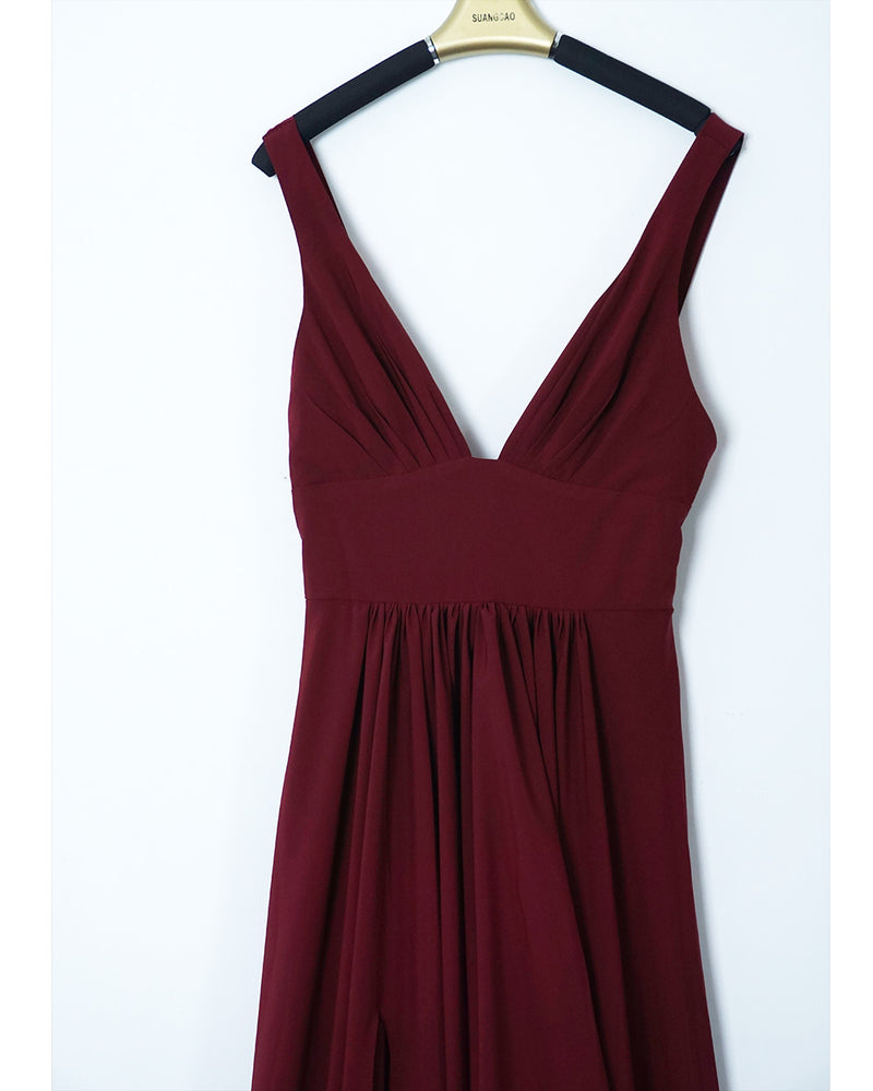Pleated Long Burgundy Prom Dress with Slit