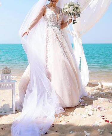 Romantic Nude /Ivory Lace  Wedding Dresses ,Short Train Robe Mariage Gown WD10115