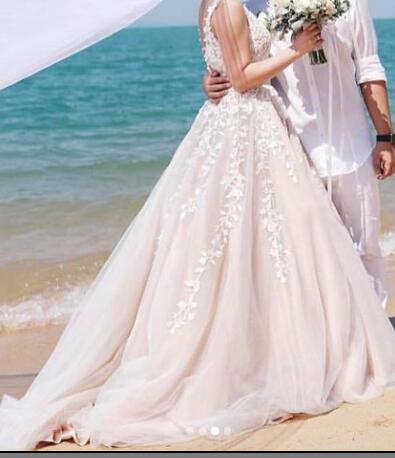 Romantic Nude /Ivory Lace  Wedding Dresses ,Short Train Robe Mariage Gown WD10115
