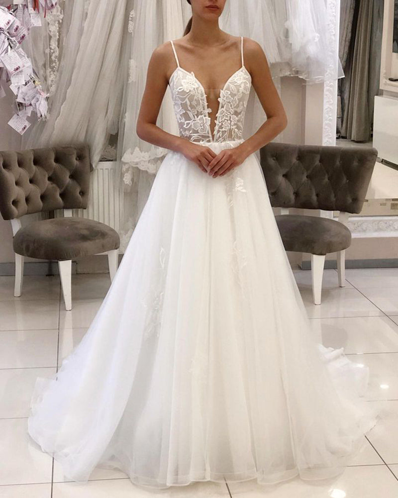 Vestidos de novia sexys con escote en V profundo, tirantes finos, encaje y tul WD10116