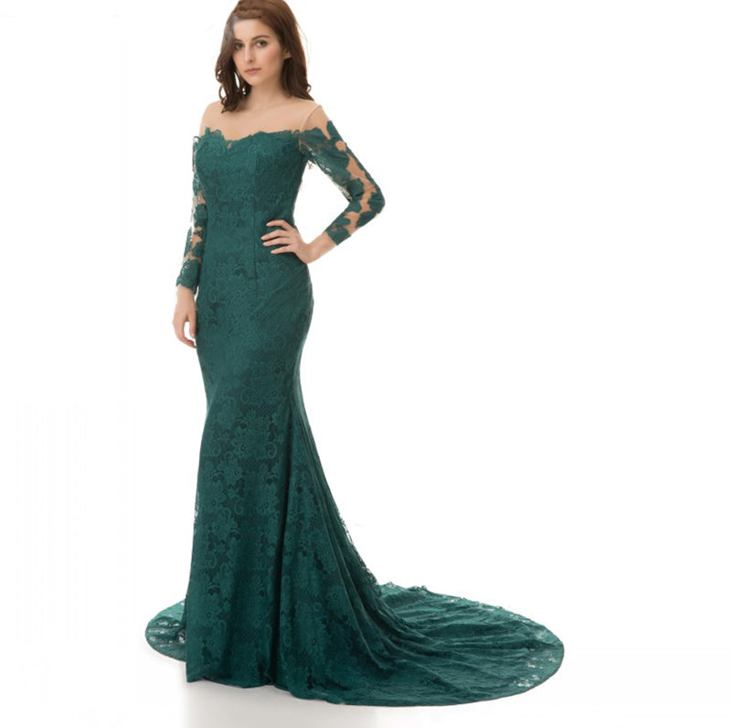 LP5513 Dark Green  Long Sleeves Vintage Evening Dress Lace Fitted Formal Gown 2018 Prom