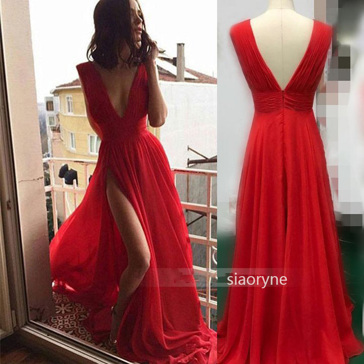 Gorgeous Red Dresses Prom Long Gown Sexy Split Deep V neck Evening Par Siaoryne
