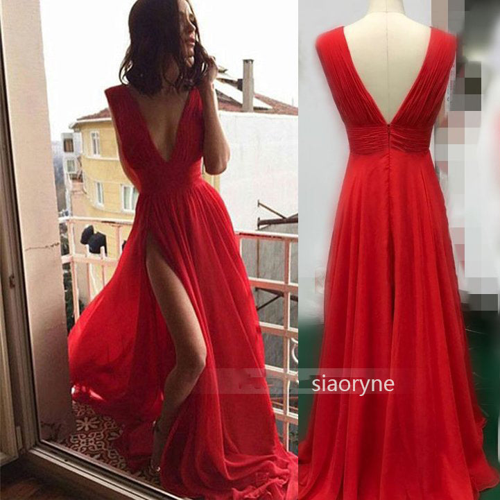 Red Flowing Chiffon Deep V Neck Sexy Summer Evening  Party Gown Long Prom Dresses Vestido De Festa LP478