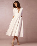 Half Sleeves Sexy V Neck A Line Satin Pocket Ivory Tea Length Short Wedding Dress ,Women Bridal Party Gown WD10120