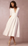 Half Sleeves Sexy V Neck A Line Satin Pocket Ivory Tea Length Short Wedding Dress ,Women Bridal Party Gown WD10120