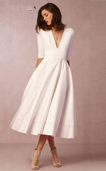 Half Sleeves Sexy V Neck A Line Satin Pocket Ivory Tea Length Short Wedding Dress ,Women Bridal Party Gown WD10120