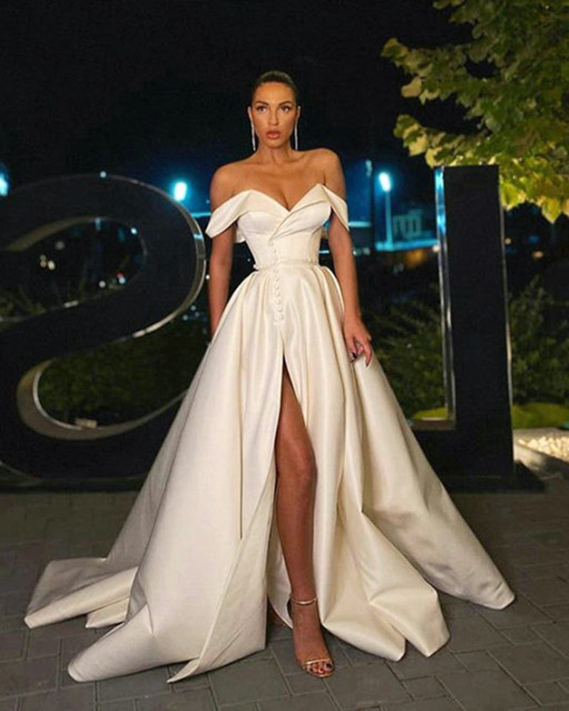 A Line Ivory Satin Long Women Formal Gowns Party slit  Prom Dresses with Buttons PL10608