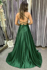 Sexy A Line Satin Cross Tie Back Elegant  Emerald Green /royal purple Prom Dress Evening Long  Gown with Slits PL110271