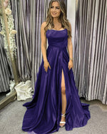 Sexy A Line Satin Cross Tie Back Elegant  Emerald Green /royal purple Prom Dress Evening Long  Gown with Slits PL110271