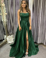 Sexy A Line Satin Cross Tie Back Elegant  Emerald Green /royal purple Prom Dress Evening Long  Gown with Slits PL110271