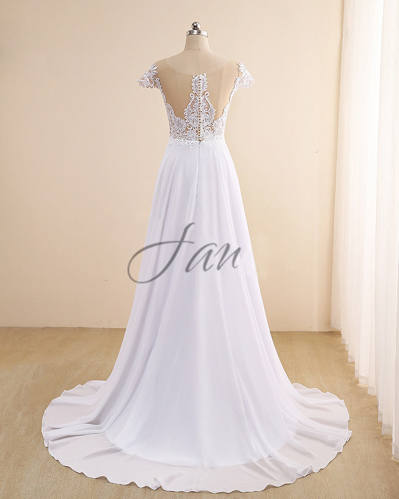 Elegant White Boho Beach Wedding Dress Front High Split Chiffon Floor Length Bridal Gown WD11130