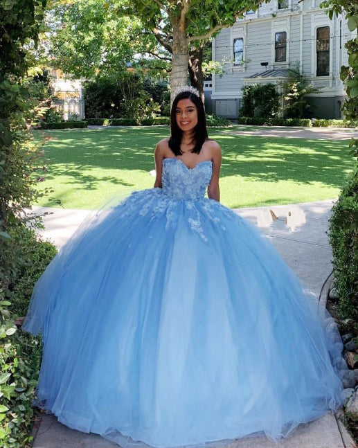 Amazing Sweetheart Lace Cinderella Blue Sweet 16 Dresses Birthday Party Ball Gown Prom Dress
