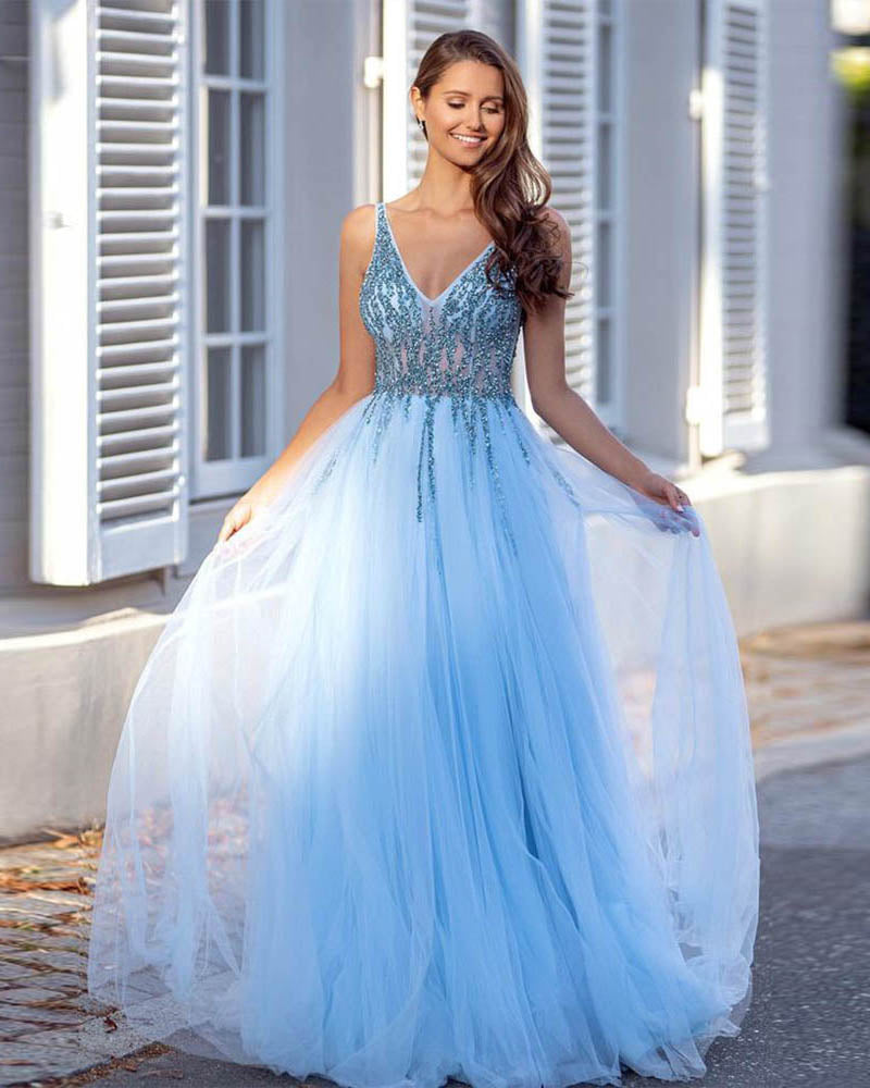 Stylish Beading Blue Long Graudation Dress For Girls Senior Prom Gown,Wedding Party Dress PL10405