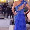 Royal Blue Evening Dresses 2022 Floor Length Chiffon See Through One Shoulder Appliqued Lace A-Line Party Gown Plus Size PL11181