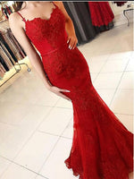 Fashion Spaghetti Straps Mermaid Lace burgundy Lace Prom Dresses Long 2022 LP368