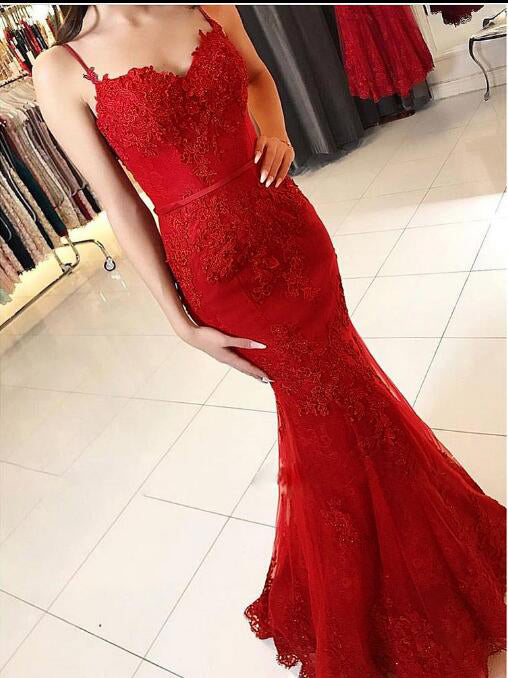 Fashion Spaghetti Straps Mermaid Lace burgundy Lace Prom Dresses Long 2022 LP368