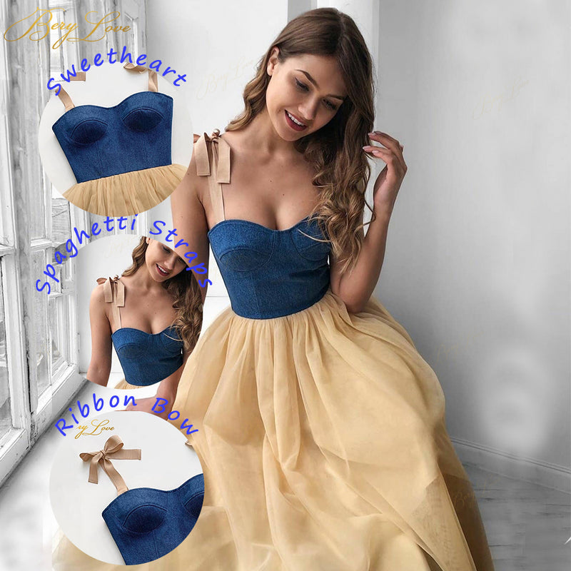 Blue and Champagen Tea Length Casual Prom Dress Girls Party Gown PL10429