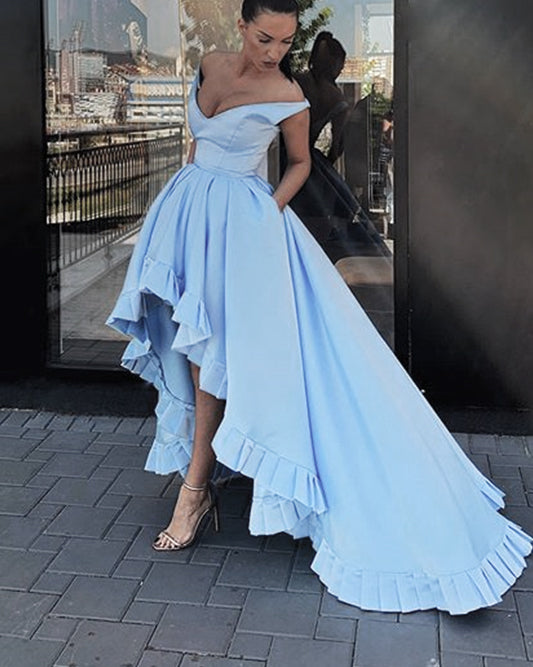New Style Off  Shoulder Prom Dress 2020 Hi-Low Sky Blue Formal Dress PL0717
