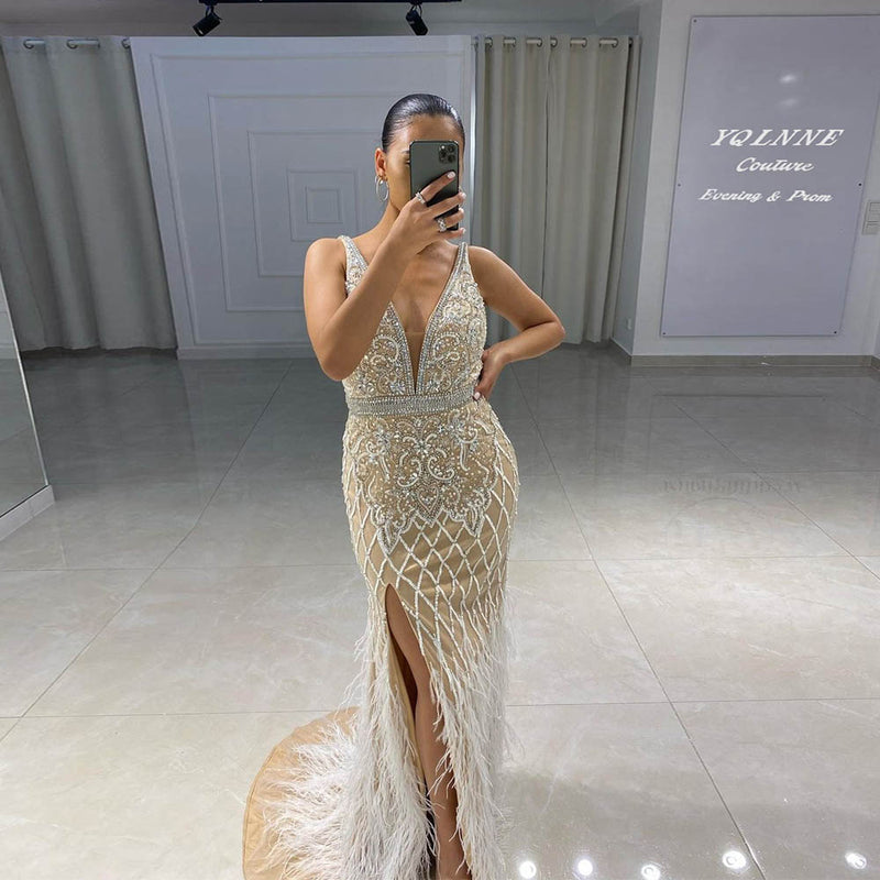 Blue V Neck Sleeveless Beaded Feather Side Slit Back Zipper Mermaid Evening Formal Dress