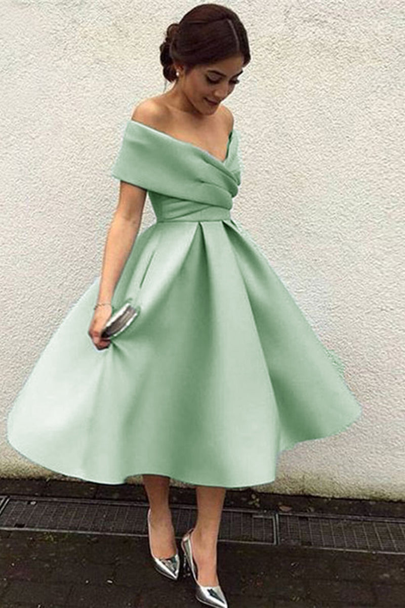 Siaroyne Stunning Satin Off the Shoulder Sage Green Homecoming Dress Tea Length Short Prom Dress SP108091