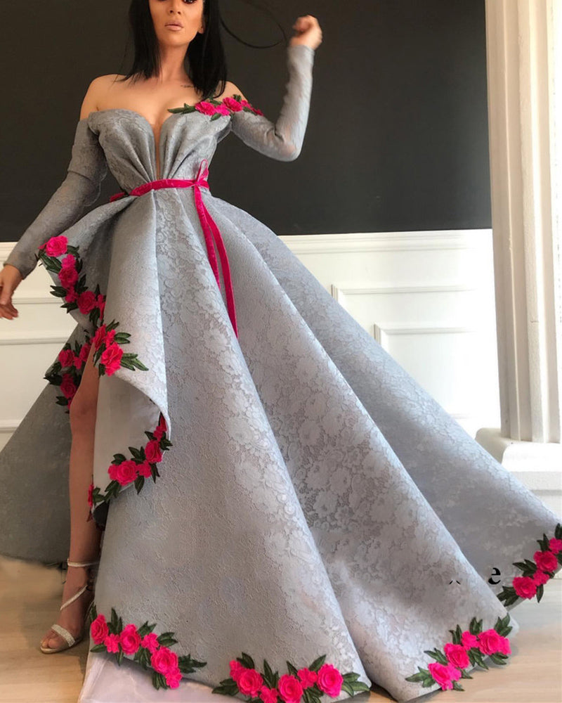 gray Lace Long Sleeves Prom Party Dress with Floral Appliqued Gown Vestido De Festa Longo PL01210