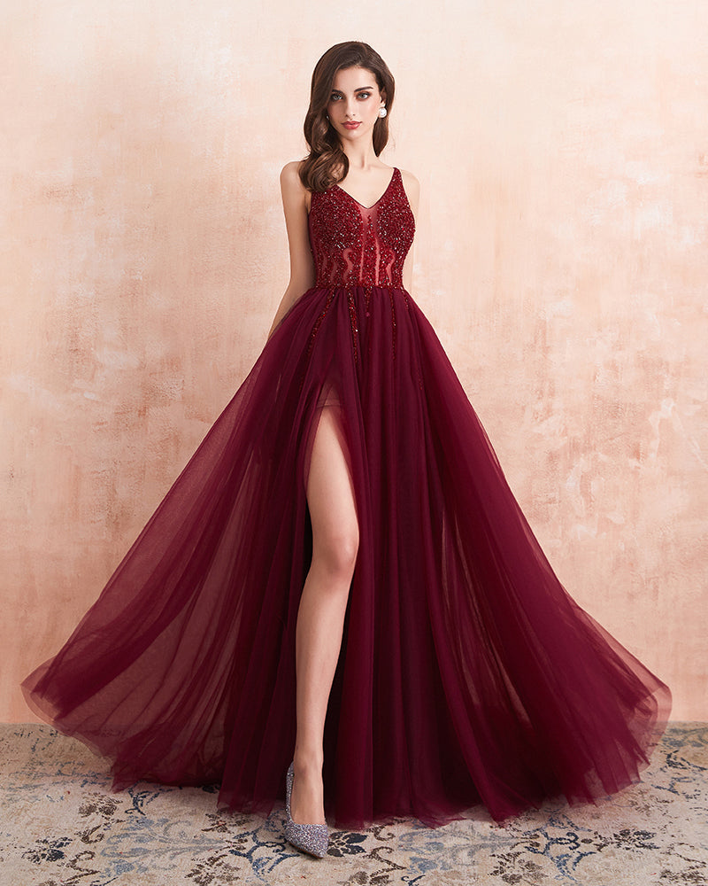 Sexy High Slit Leg Tulle and Beading Dark Green Formal Long Prom Dress 2022 Vestidos PL01116